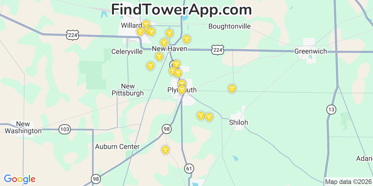 Map showing the 20 primary cell tower locations detected in Plymouth, Ohio from AT&T, Verizon, and T-Mobile networks