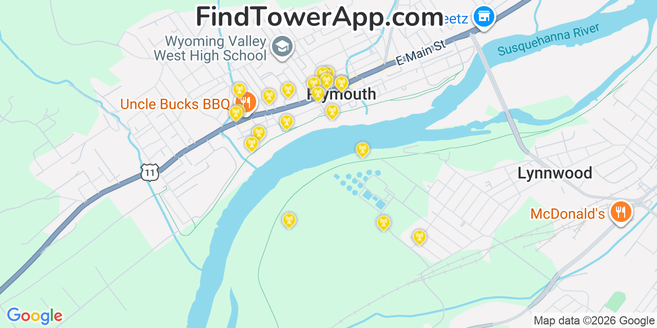 Map showing the 20 primary cell tower locations detected in Plymouth, Pennsylvania from AT&T, Verizon, and T-Mobile networks