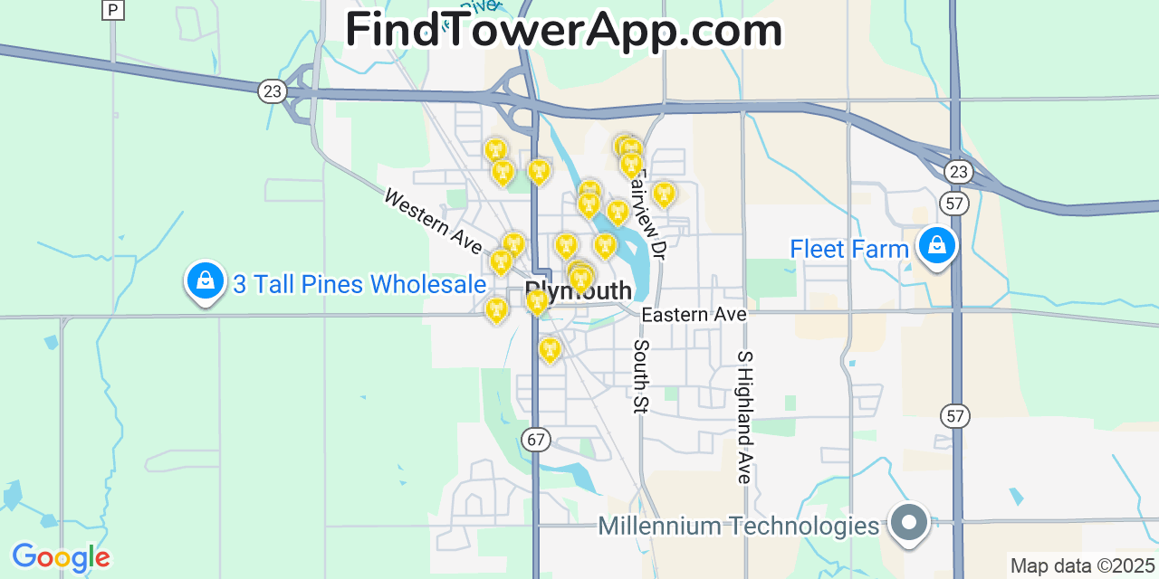 Map showing the 20 primary cell tower locations detected in Plymouth, Wisconsin from AT&T, Verizon, and T-Mobile networks