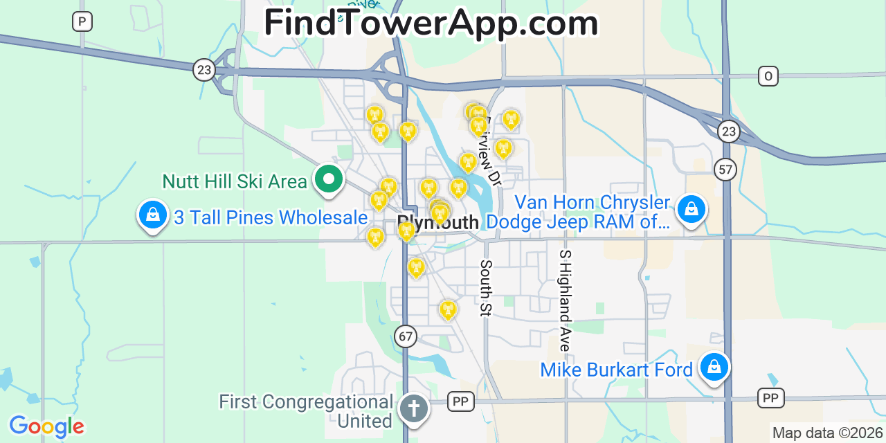 Map showing the 20 primary cell tower locations detected in Plymouth, Wisconsin from AT&T, Verizon, and T-Mobile networks