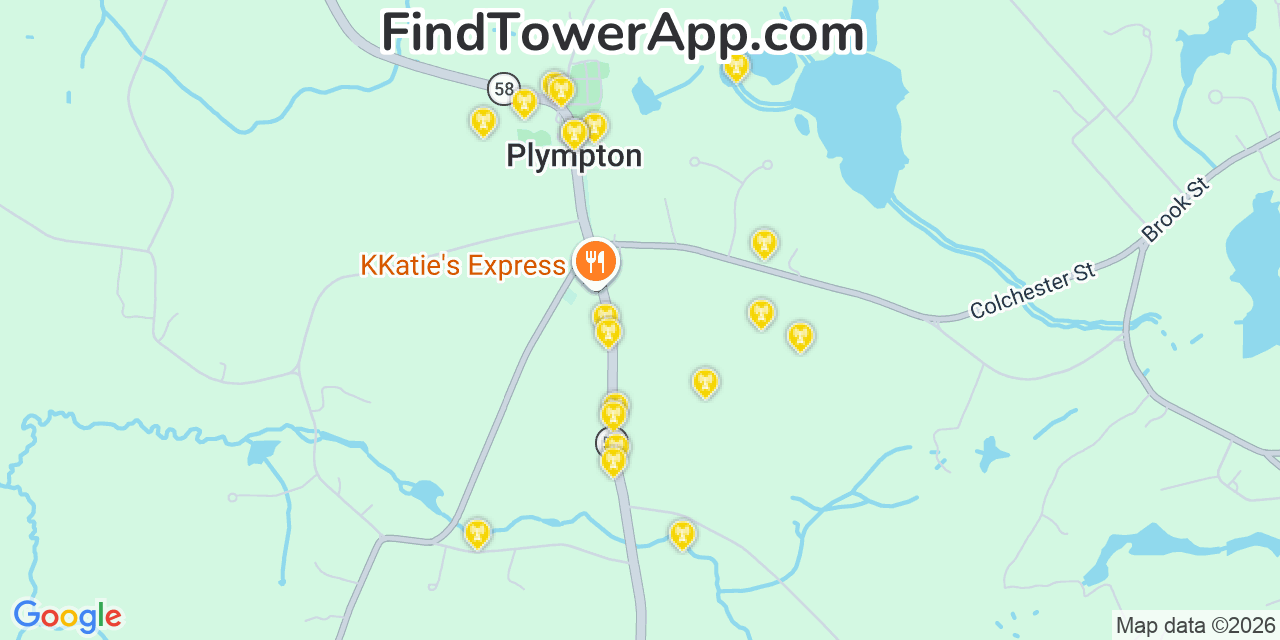 Map showing the 20 primary cell tower locations detected in Plympton, Massachusetts from AT&T, Verizon, and T-Mobile networks