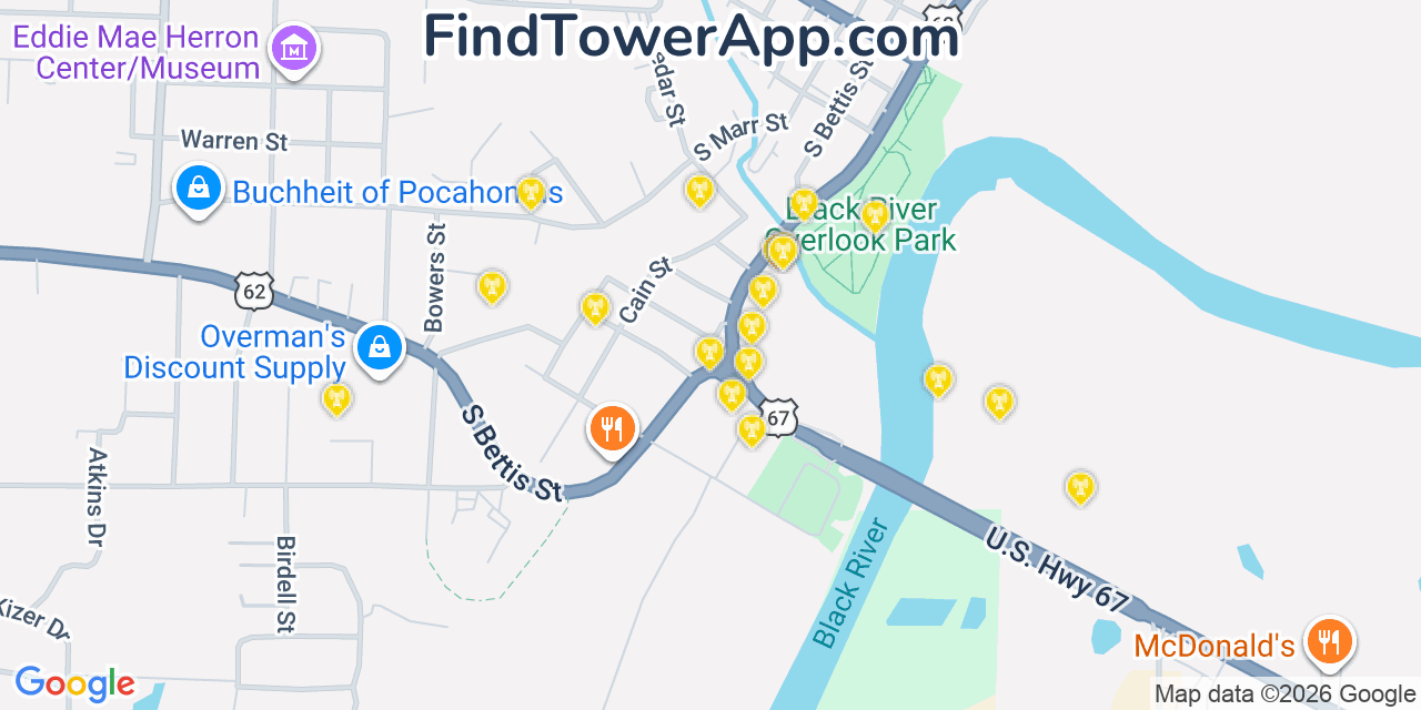 Map showing the 20 primary cell tower locations detected in Pocahontas, Arkansas from AT&T, Verizon, and T-Mobile networks