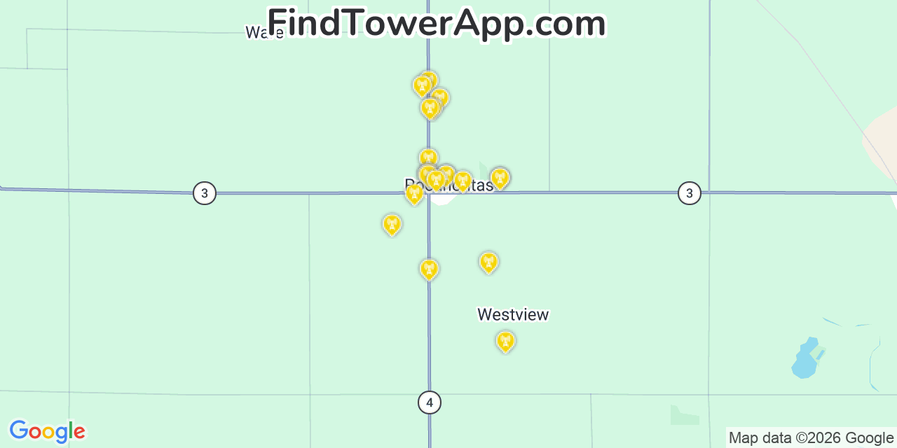 Map showing the 20 primary cell tower locations detected in Pocahontas, Iowa from AT&T, Verizon, and T-Mobile networks