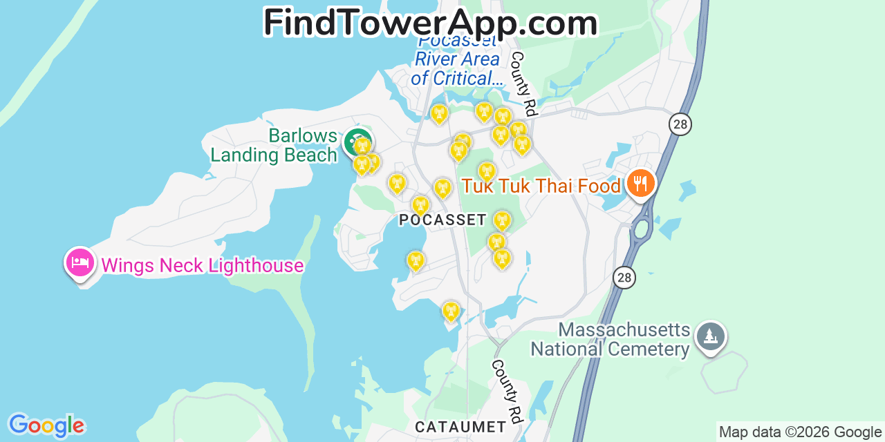 Map showing the 20 primary cell tower locations detected in Pocasset, Massachusetts from AT&T, Verizon, and T-Mobile networks