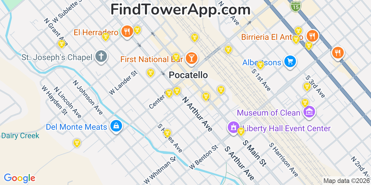 Map showing the 20 primary cell tower locations detected in Pocatello, Idaho from AT&T, Verizon, and T-Mobile networks