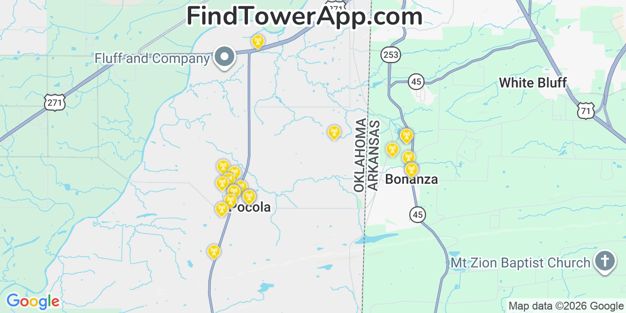 Map showing the 20 primary cell tower locations detected in Pocola, Oklahoma from AT&T, Verizon, and T-Mobile networks