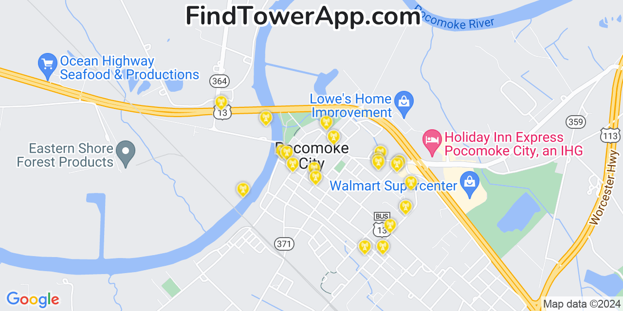 AT&T 4G/5G cell tower coverage map Pocomoke City, Maryland