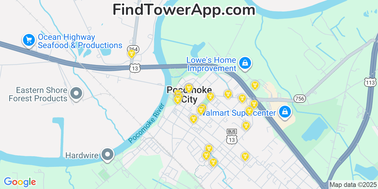 Map showing the 20 primary cell tower locations detected in Pocomoke City, Maryland from AT&T, Verizon, and T-Mobile networks