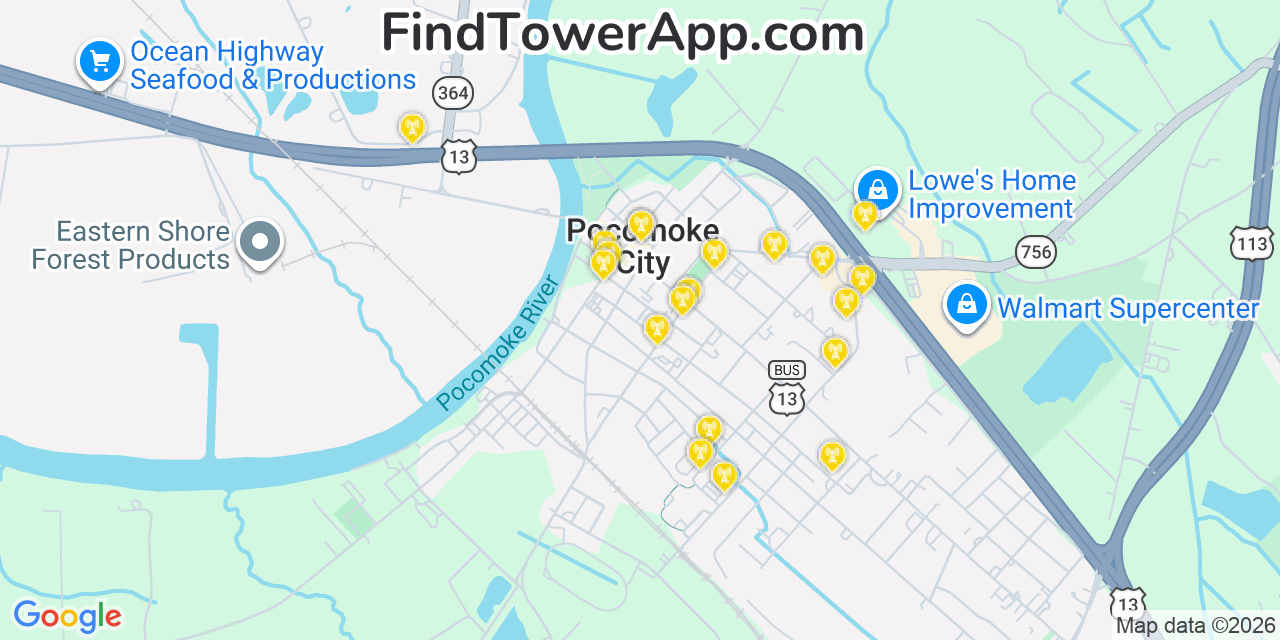 Map showing the 20 primary cell tower locations detected in Pocomoke City, Maryland from AT&T, Verizon, and T-Mobile networks