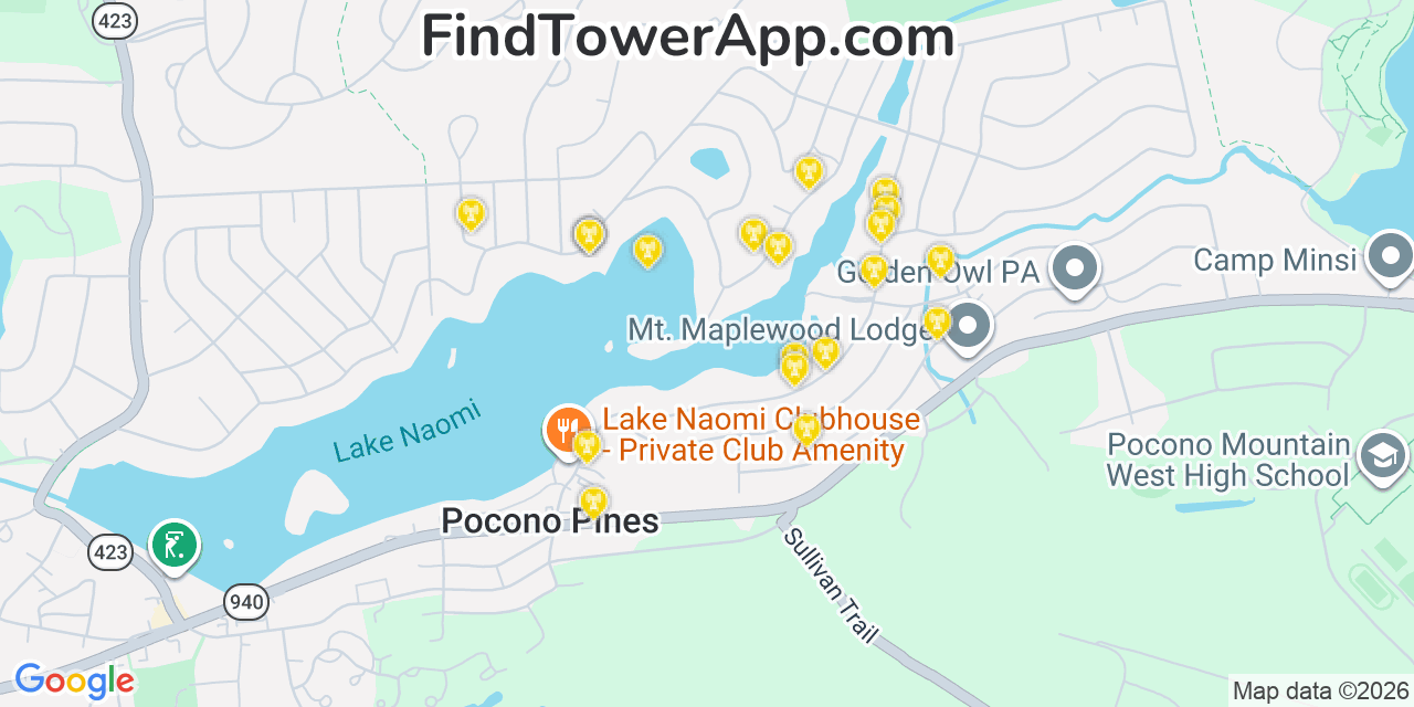 Map showing the 20 primary cell tower locations detected in Pocono Pines, Pennsylvania from AT&T, Verizon, and T-Mobile networks