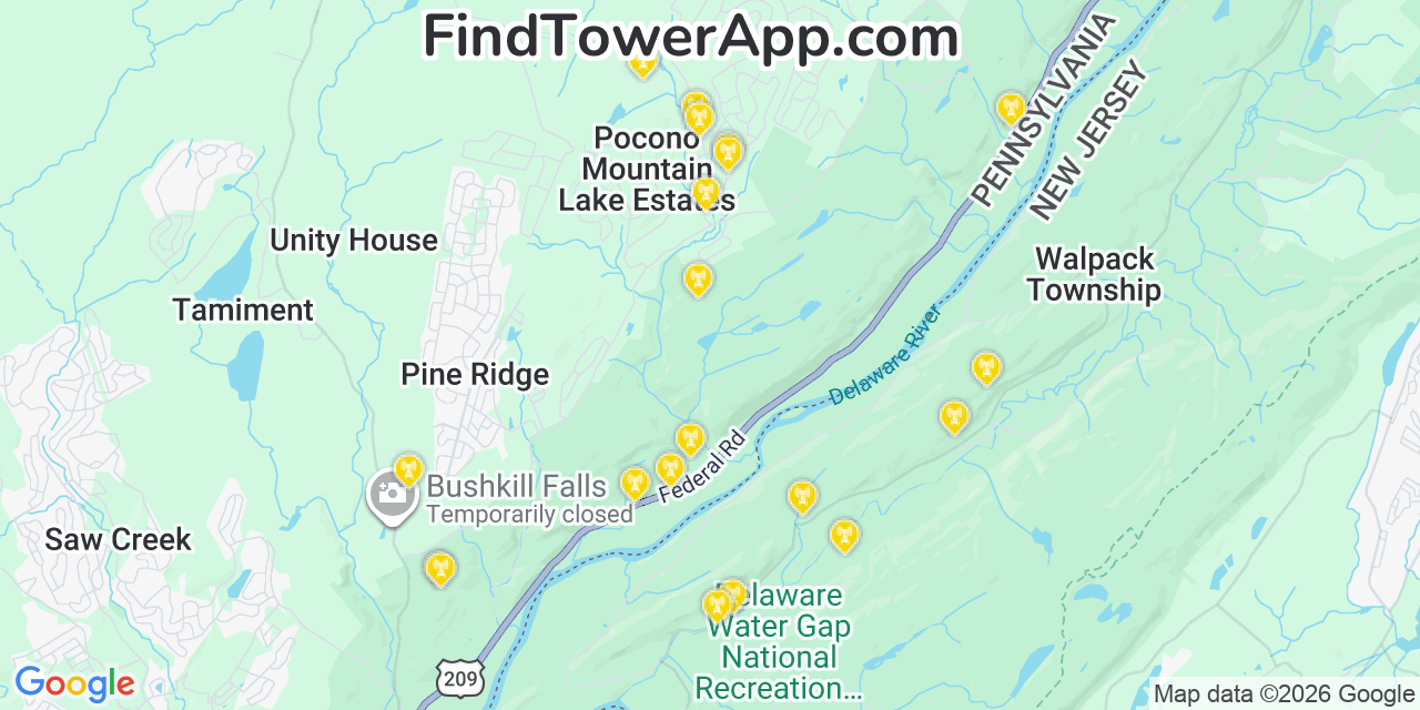 Map showing the 20 primary cell tower locations detected in Pocono Ranch Lands, Pennsylvania from AT&T, Verizon, and T-Mobile networks