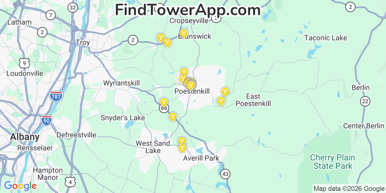 Map showing the 20 primary cell tower locations detected in Poestenkill, New York from AT&T, Verizon, and T-Mobile networks