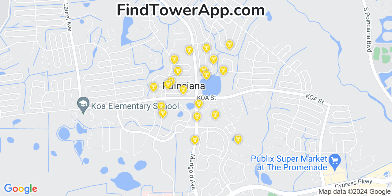 AT&T 4G/5G cell tower coverage map Poinciana, Florida