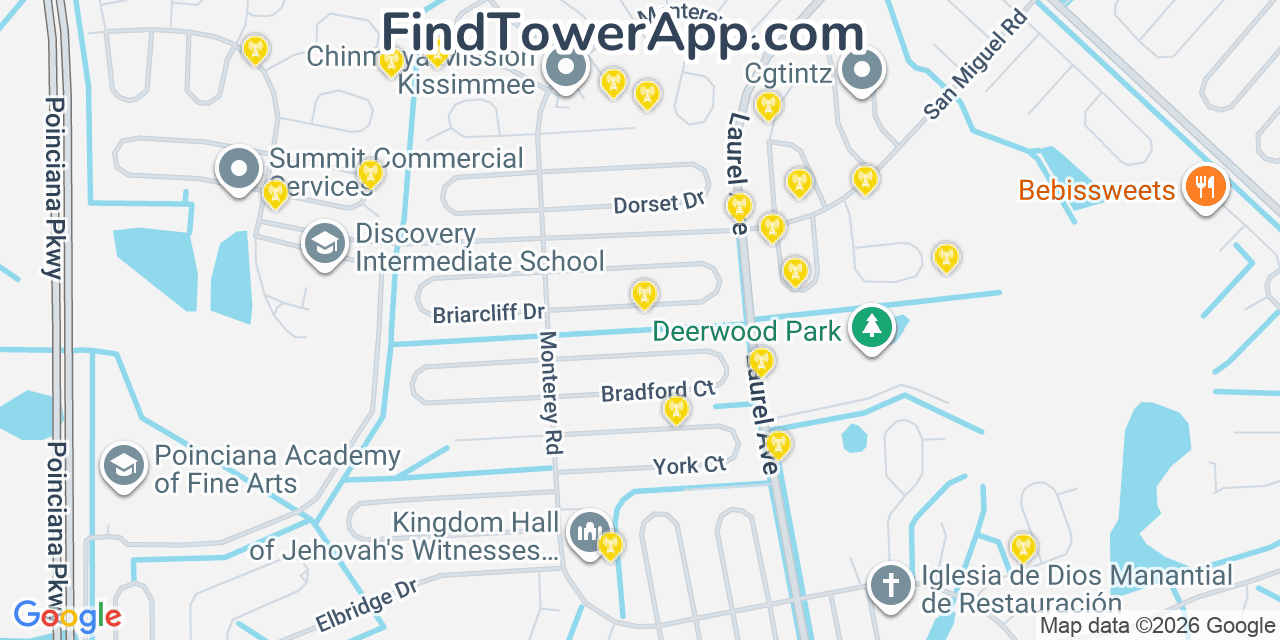 Map showing the 20 primary cell tower locations detected in Poinciana, Florida from AT&T, Verizon, and T-Mobile networks