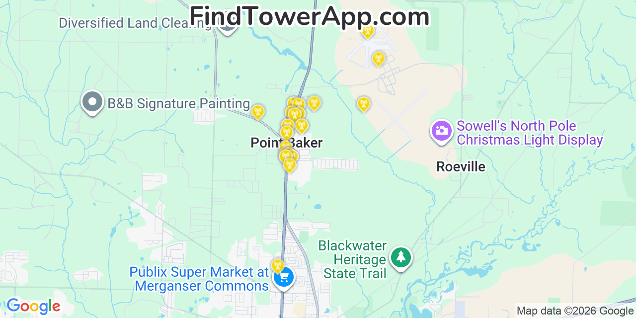 Map showing the 20 primary cell tower locations detected in Point Baker, Florida from AT&T, Verizon, and T-Mobile networks