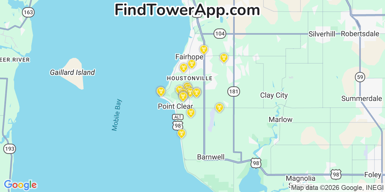 Map showing the 20 primary cell tower locations detected in Point Clear, Alabama from AT&T, Verizon, and T-Mobile networks