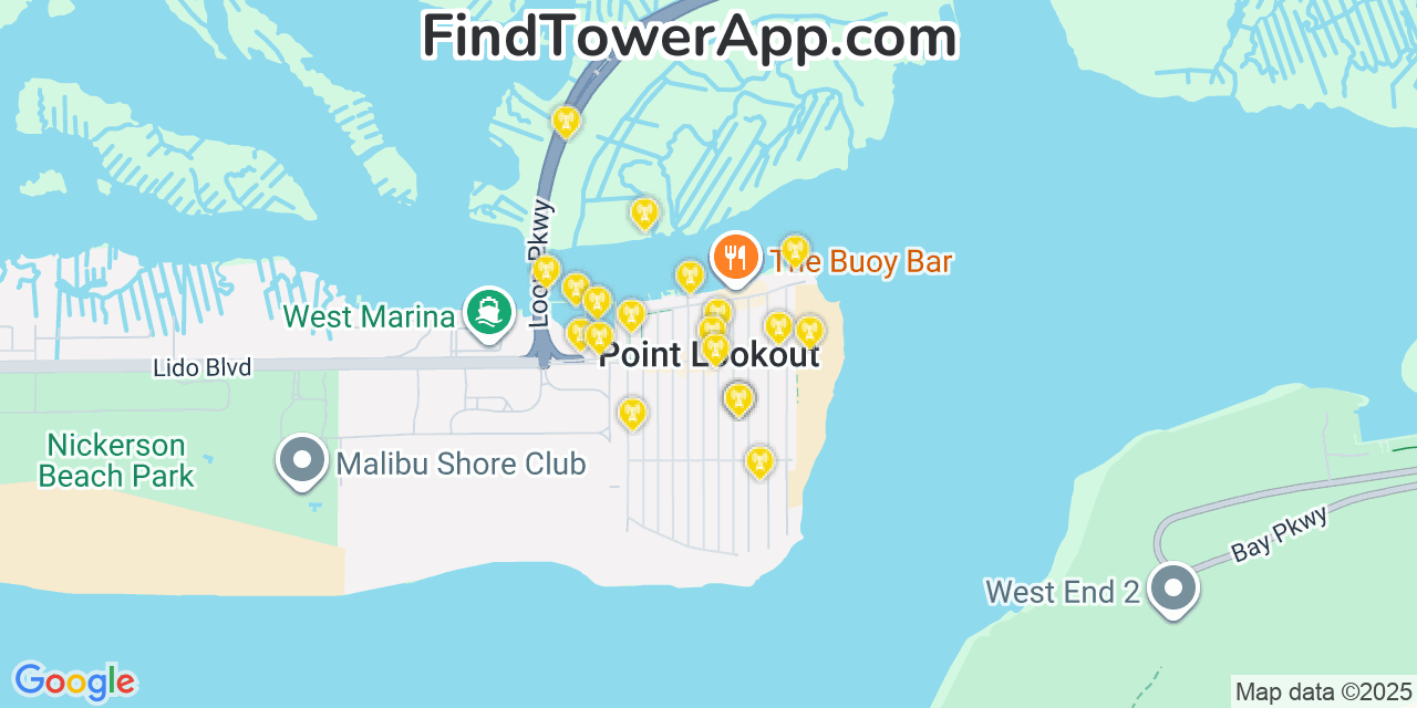 Map showing the 20 primary cell tower locations detected in Point Lookout, New York from AT&T, Verizon, and T-Mobile networks