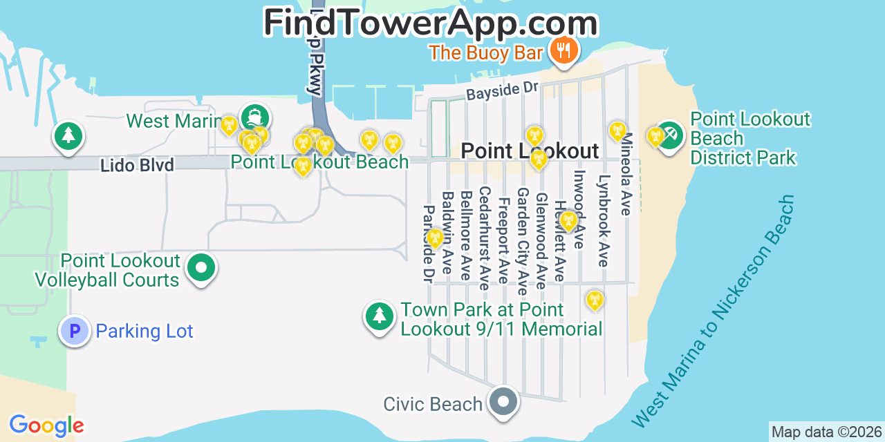 Map showing the 20 primary cell tower locations detected in Point Lookout, New York from AT&T, Verizon, and T-Mobile networks