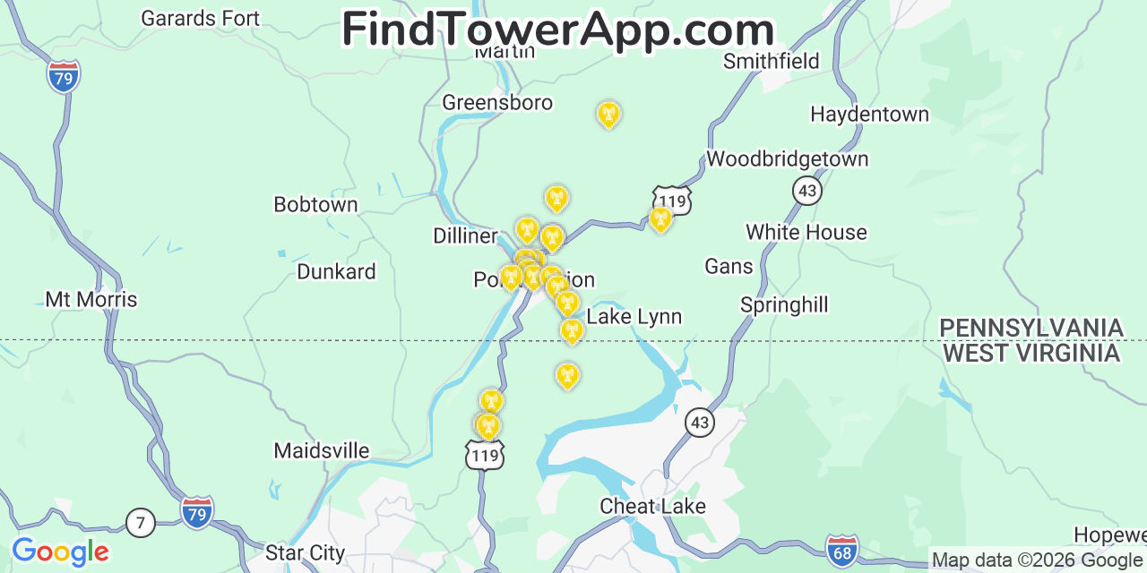 Map showing the 20 primary cell tower locations detected in Point Marion, Pennsylvania from AT&T, Verizon, and T-Mobile networks