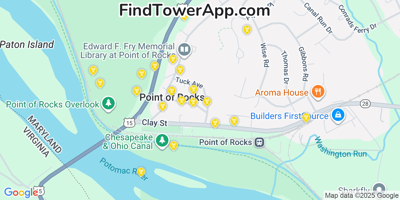 Map showing the 20 primary AT&T cell tower locations detected in Point Of Rocks, Maryland with coverage radius and signal strength indicators