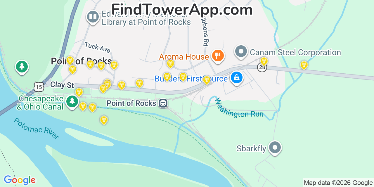 Map showing the 20 primary cell tower locations detected in Point Of Rocks, Maryland from AT&T, Verizon, and T-Mobile networks