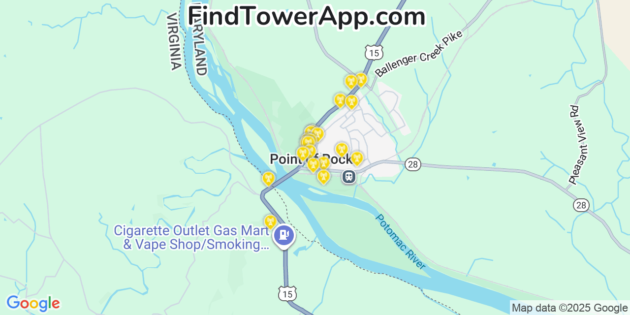 Map showing the 20 primary T-Mobile cell tower locations detected in Point Of Rocks, Maryland with coverage radius and signal strength indicators