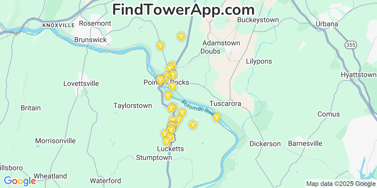 Map showing the 28 primary Verizon cell tower locations detected in Point Of Rocks, Maryland with coverage radius and signal strength indicators