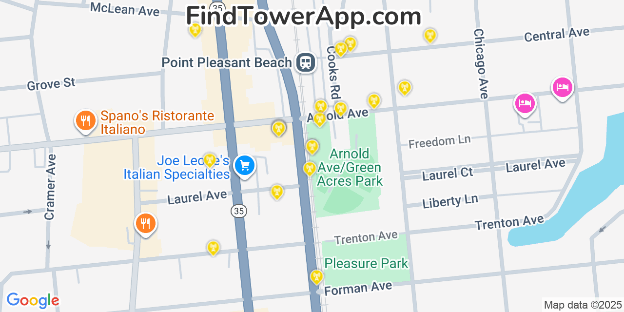 Map showing the 20 primary cell tower locations detected in Point Pleasant Beach, New Jersey from AT&T, Verizon, and T-Mobile networks