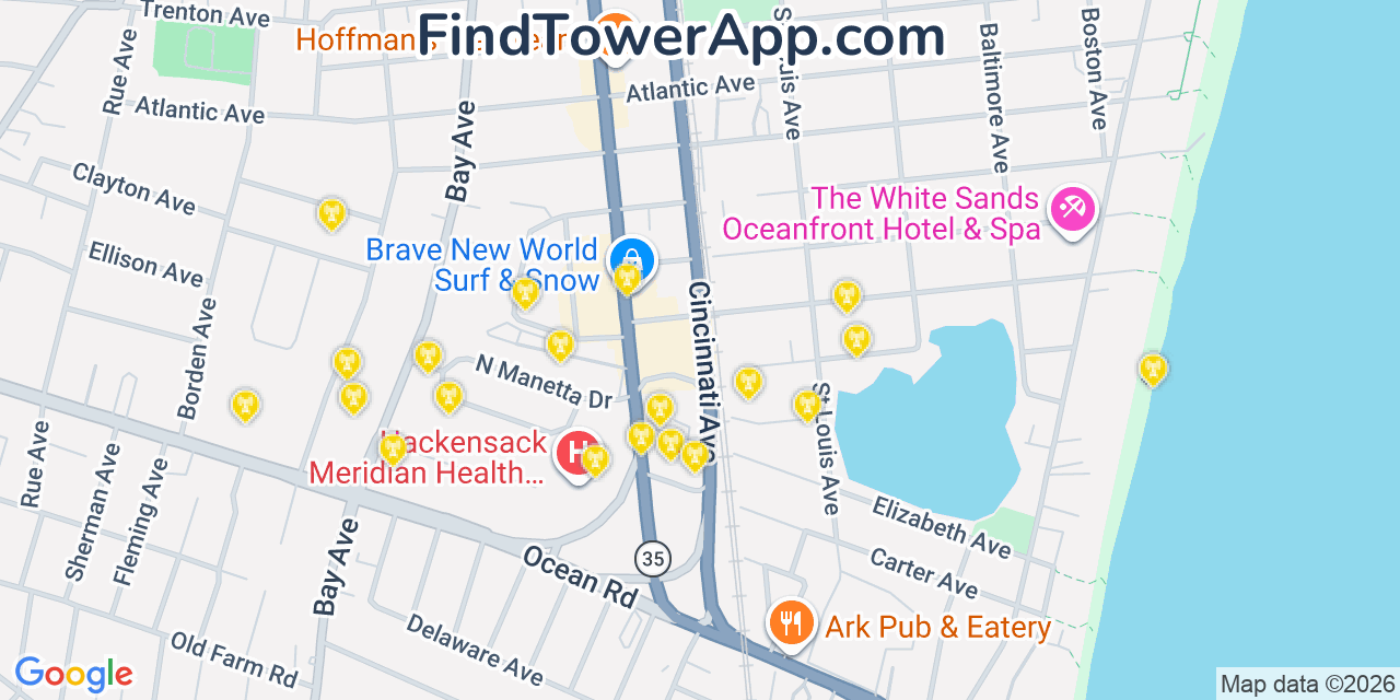 Map showing the 20 primary cell tower locations detected in Point Pleasant Beach, New Jersey from AT&T, Verizon, and T-Mobile networks