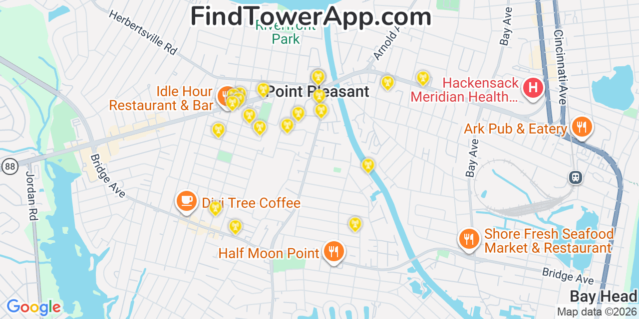 Map showing the 20 primary cell tower locations detected in Point Pleasant, New Jersey from AT&T, Verizon, and T-Mobile networks