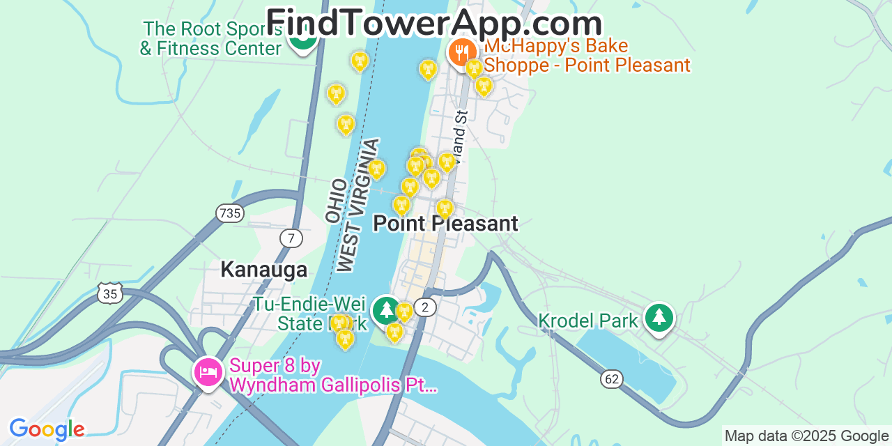 Map showing the 20 primary cell tower locations detected in Point Pleasant, West Virginia from AT&T, Verizon, and T-Mobile networks