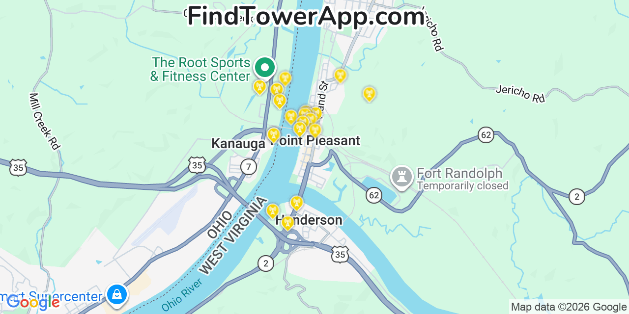 Map showing the 20 primary cell tower locations detected in Point Pleasant, West Virginia from AT&T, Verizon, and T-Mobile networks