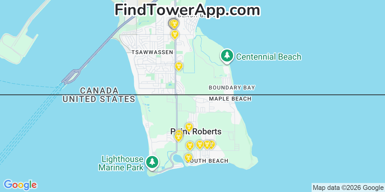 Map showing the 20 primary cell tower locations detected in Point Roberts, Washington from AT&T, Verizon, and T-Mobile networks