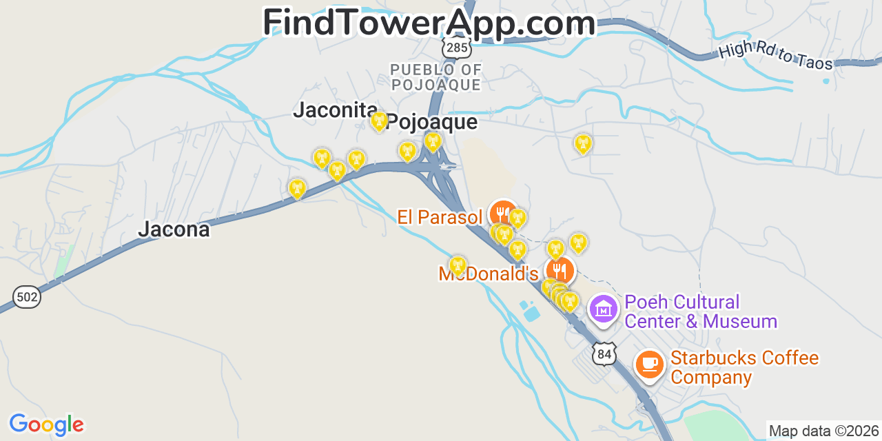 Map showing the 20 primary cell tower locations detected in Pojoaque, New Mexico from AT&T, Verizon, and T-Mobile networks