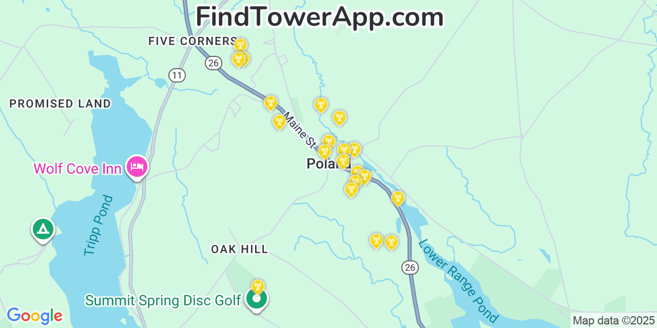 Map showing the 20 primary cell tower locations detected in Poland, Maine from AT&T, Verizon, and T-Mobile networks