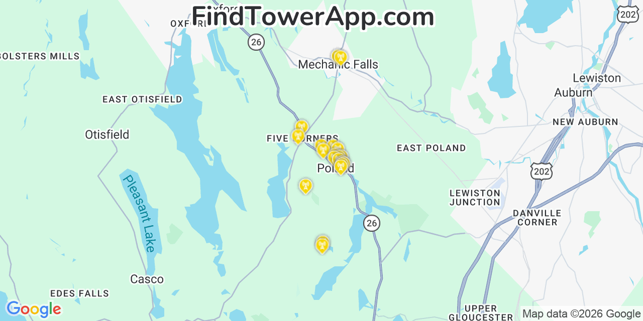Map showing the 20 primary cell tower locations detected in Poland, Maine from AT&T, Verizon, and T-Mobile networks