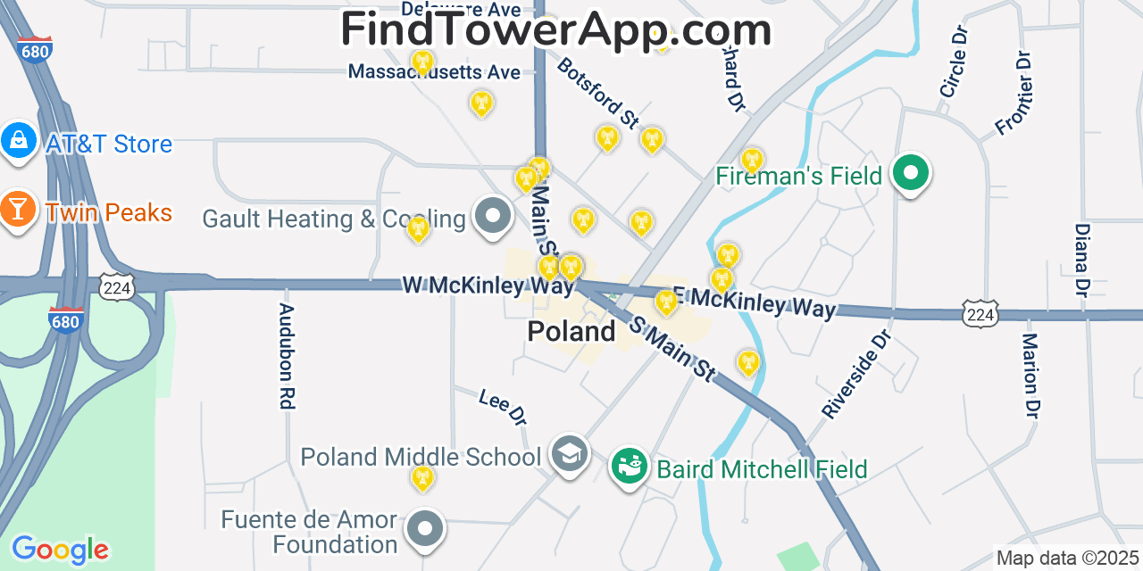 Map showing the 20 primary cell tower locations detected in Poland, Ohio from AT&T, Verizon, and T-Mobile networks
