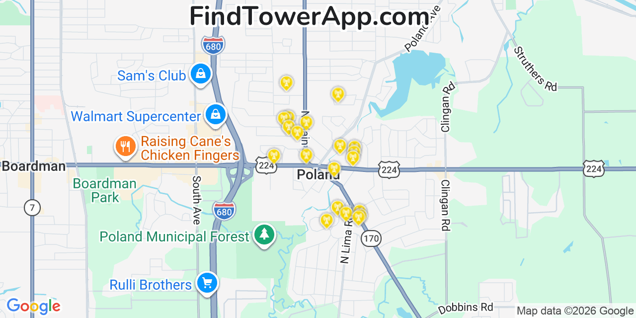 Map showing the 20 primary cell tower locations detected in Poland, Ohio from AT&T, Verizon, and T-Mobile networks
