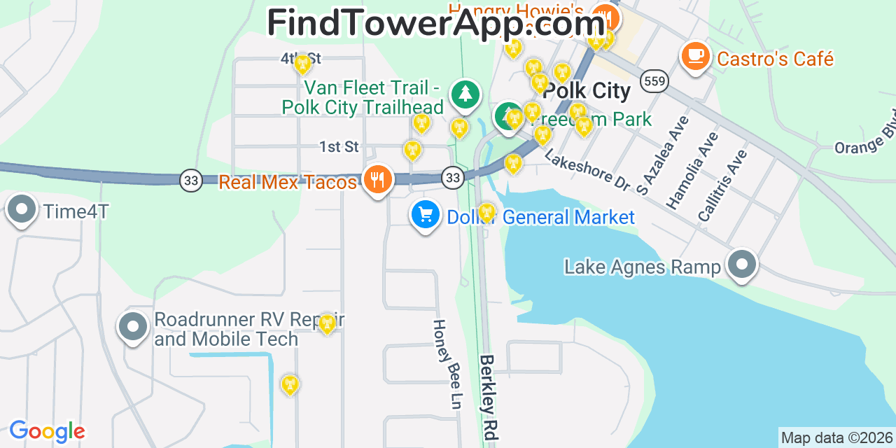 Map showing the 20 primary cell tower locations detected in Polk City, Florida from AT&T, Verizon, and T-Mobile networks