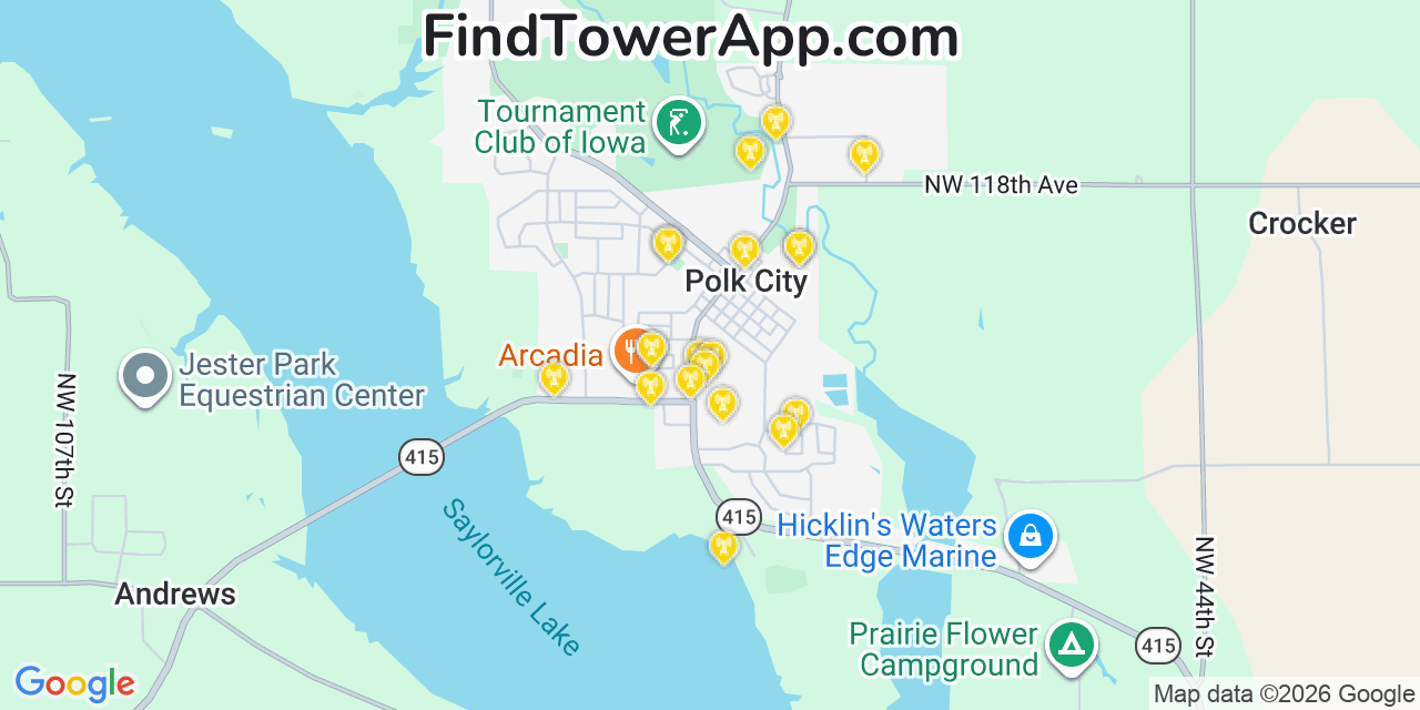 Map showing the 20 primary cell tower locations detected in Polk City, Iowa from AT&T, Verizon, and T-Mobile networks