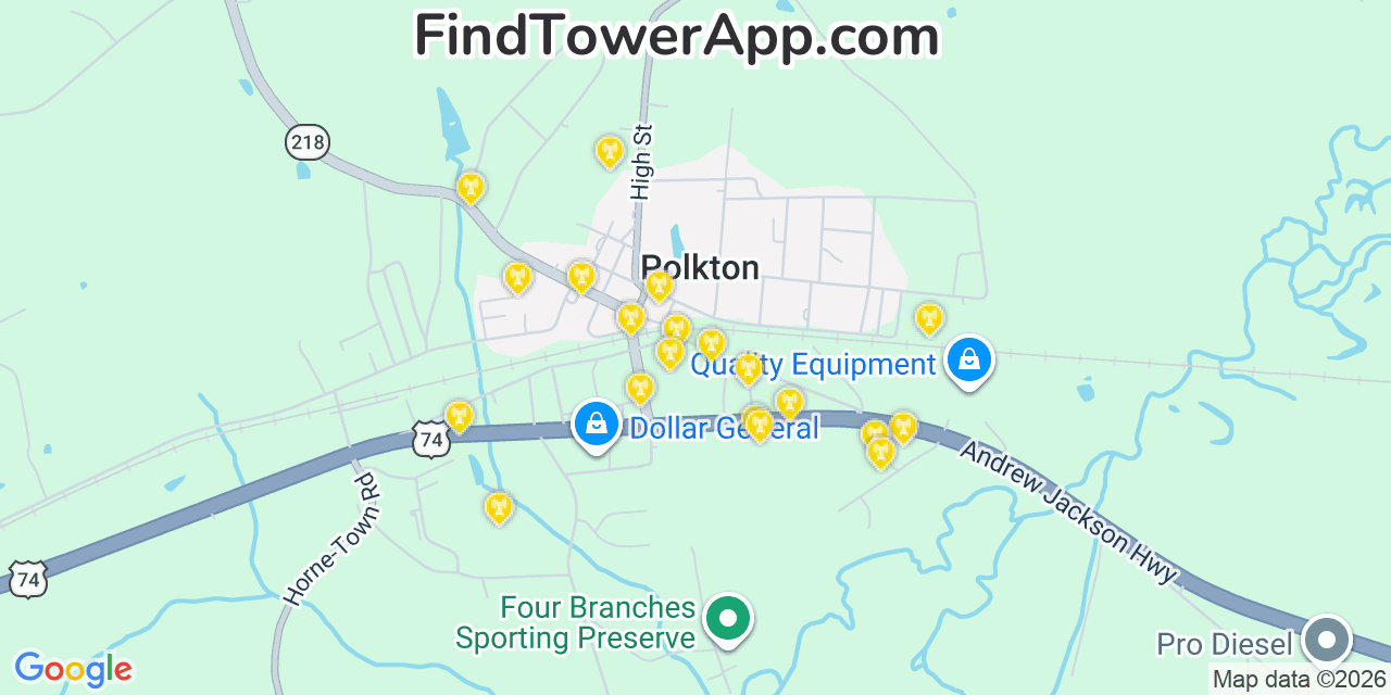 Map showing the 20 primary cell tower locations detected in Polkton, North Carolina from AT&T, Verizon, and T-Mobile networks