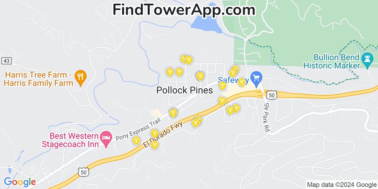 AT&T 4G/5G cell tower coverage map Pollock Pines, California