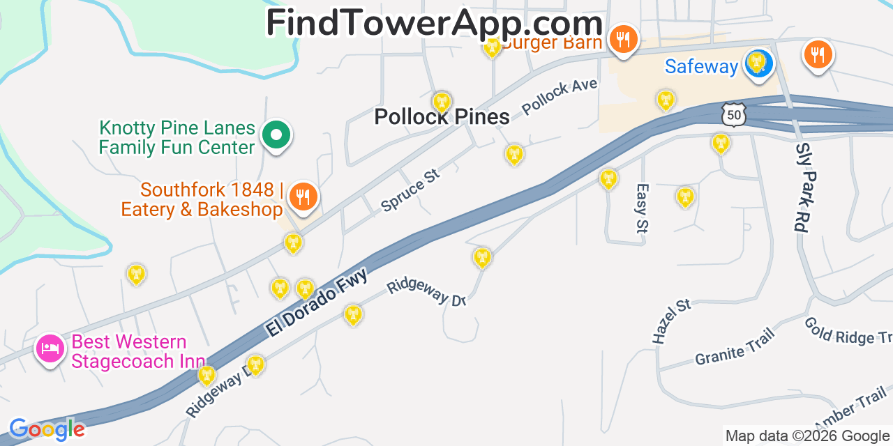 Map showing the 20 primary cell tower locations detected in Pollock Pines, California from AT&T, Verizon, and T-Mobile networks