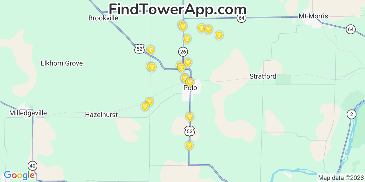 Map showing the 20 primary cell tower locations detected in Polo, Illinois from AT&T, Verizon, and T-Mobile networks
