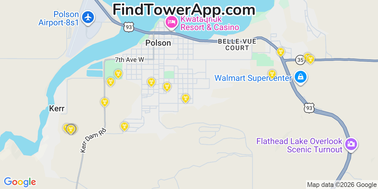 Map showing the 20 primary cell tower locations detected in Polson, Montana from AT&T, Verizon, and T-Mobile networks