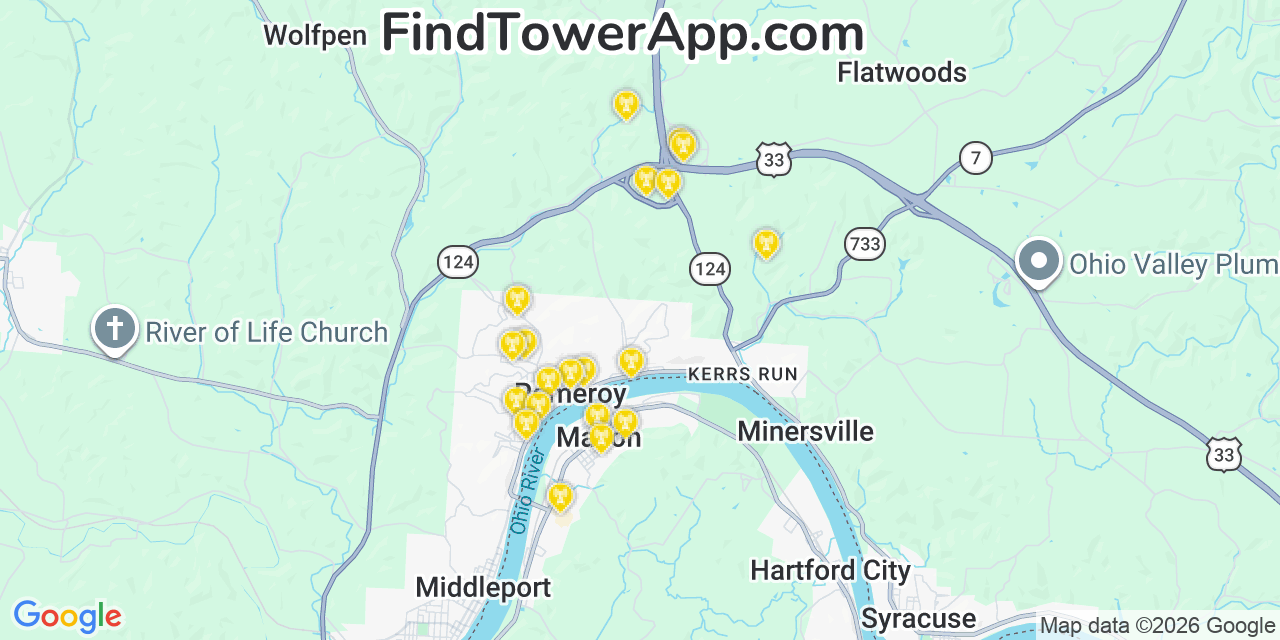 Map showing the 20 primary cell tower locations detected in Pomeroy, Ohio from AT&T, Verizon, and T-Mobile networks