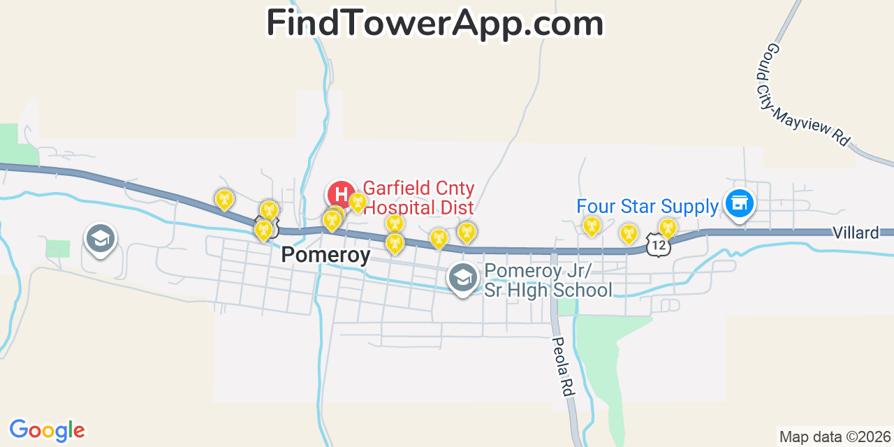 Map showing the 20 primary cell tower locations detected in Pomeroy, Washington from AT&T, Verizon, and T-Mobile networks