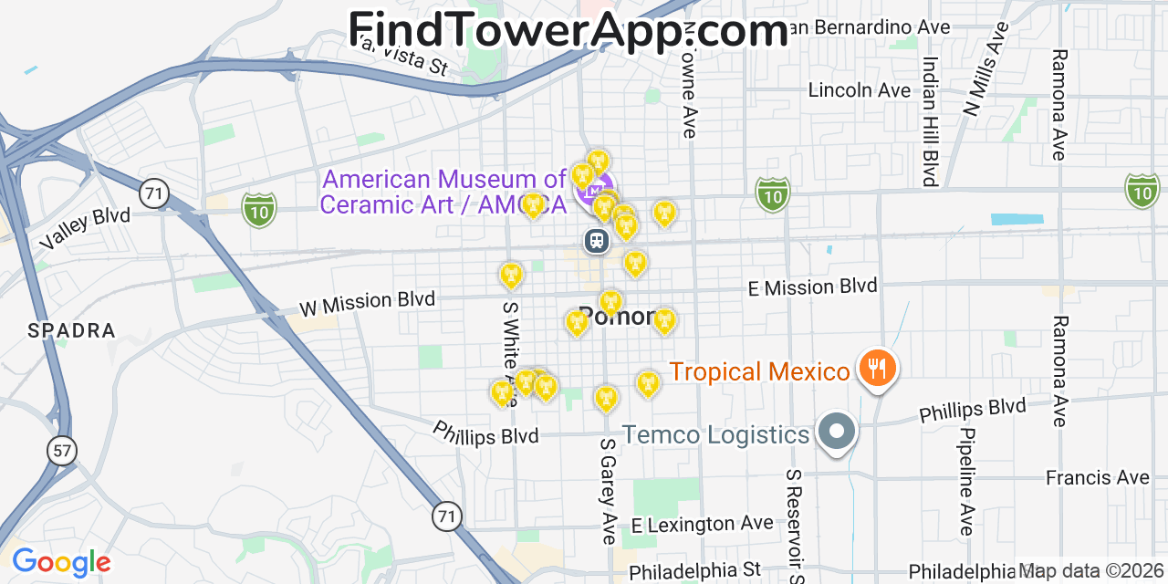 Map showing the 20 primary cell tower locations detected in Pomona, California from AT&T, Verizon, and T-Mobile networks