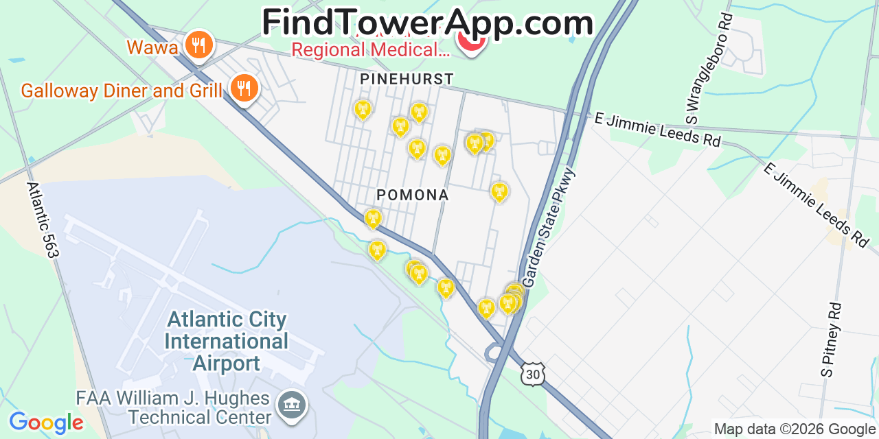 Map showing the 20 primary cell tower locations detected in Pomona, New Jersey from AT&T, Verizon, and T-Mobile networks