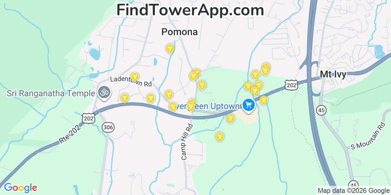 Map showing the 20 primary cell tower locations detected in Pomona, New York from AT&T, Verizon, and T-Mobile networks